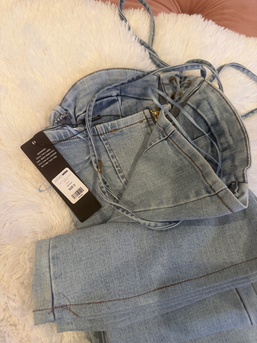 Fashion Nova Light Blue Strapless Denim Corset Jumpsuit with Flared Legs - Picture 3 of 3